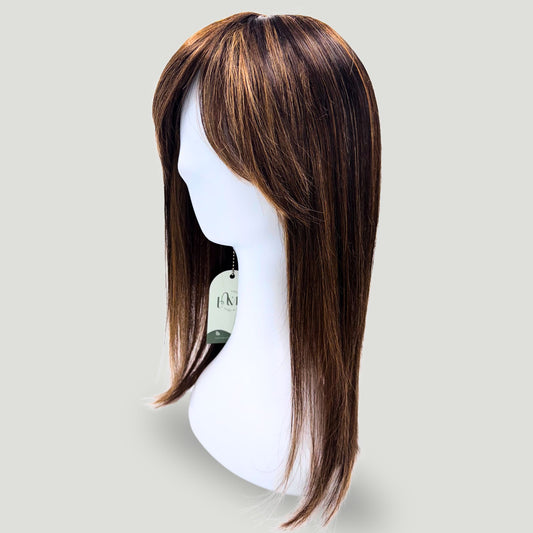 02- Human Hair Straight Wig with Side Bangs – Medium Brown with Highlights