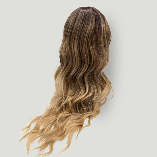 03- Long Wavy Synthetic Wig with Bangs – Dark Root & Honey Blonde
