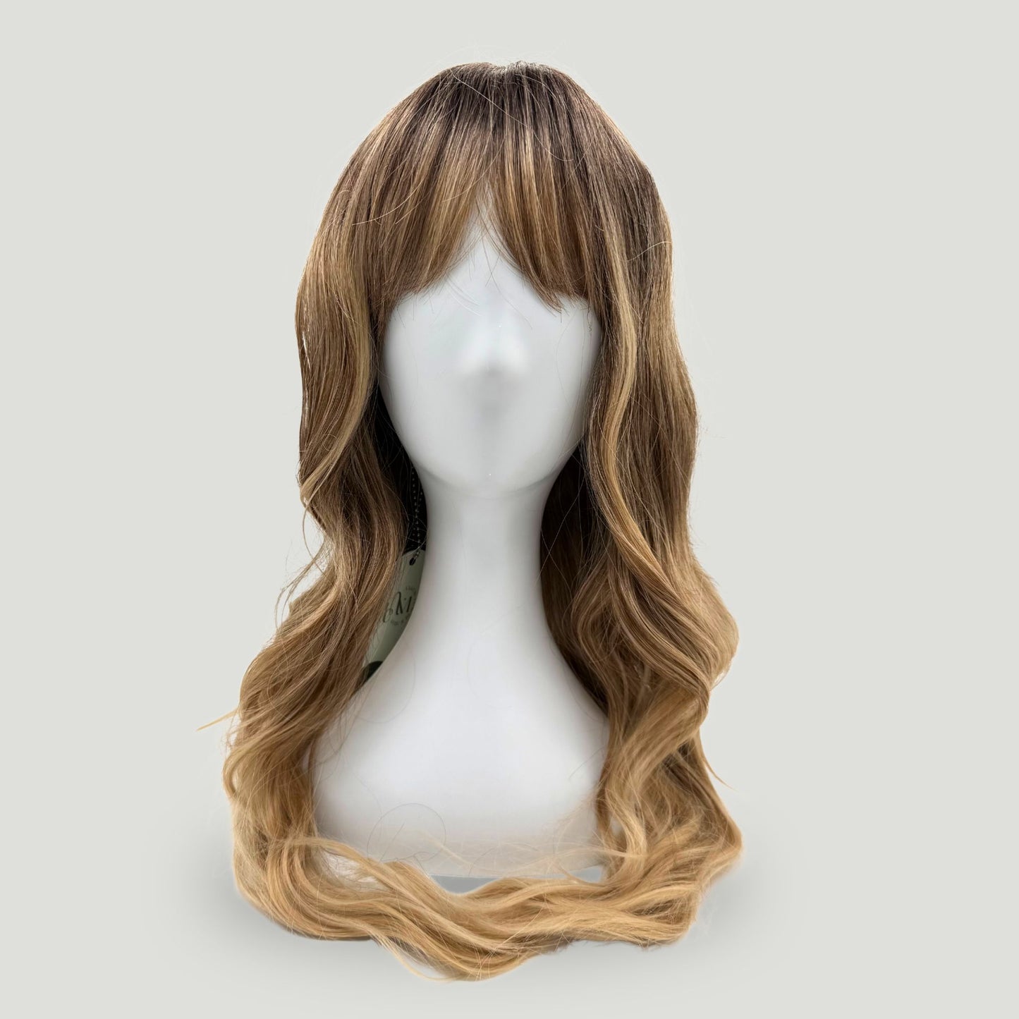 03- Long Wavy Synthetic Wig with Bangs – Dark Root & Honey Blonde