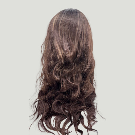 01- Long Wavy Synthetic Brown Wig with Bangs – Chocolate Brown with Subtle Highlights