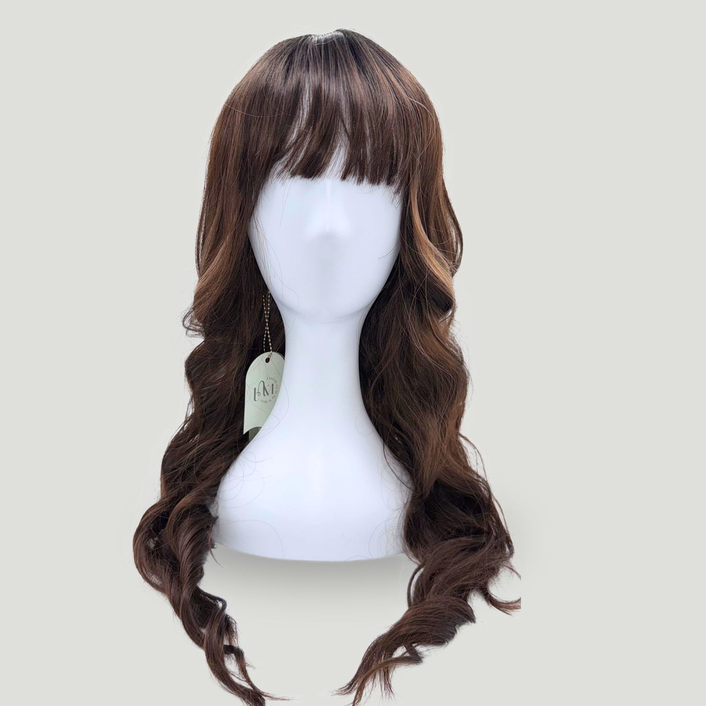 01- Long Wavy Synthetic Brown Wig with Bangs – Chocolate Brown with Subtle Highlights