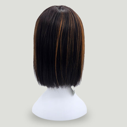 04- Straight Black Bob Human Hair Wig with Bangs and Brown Highlights