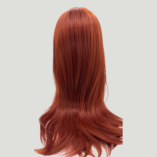 06- Synthetic Copper Red Lace Front Wig with Bangs, Layered Hair, 24 Inches