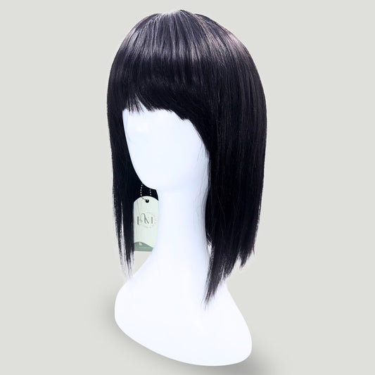 01- Human Hair Wig – Straight Black with Bangs, Medium Length