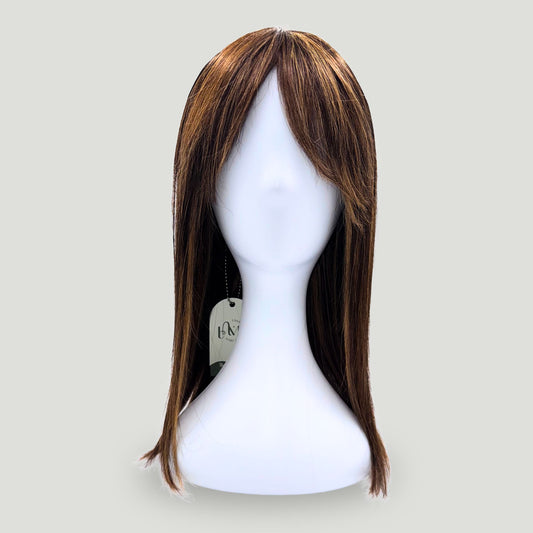 02- Human Hair Straight Wig with Side Bangs – Medium Brown with Highlights