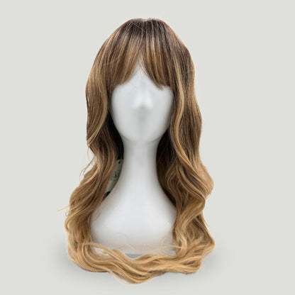 03- Long Wavy Synthetic Wig with Bangs – Dark Root & Honey Blonde