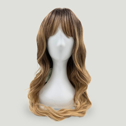 03- Long Wavy Synthetic Wig with Bangs – Dark Root & Honey Blonde