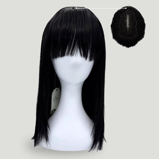05- Natural Black 16-Inch Virgin Human Hair Long Straight Wig with Bangs – Premium Quality