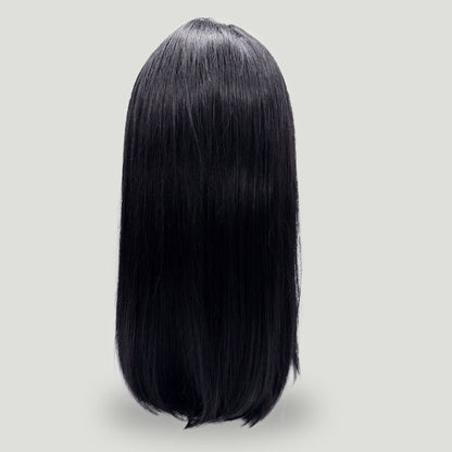 05- Natural Black 16-Inch Virgin Human Hair Long Straight Wig with Bangs – Premium Quality