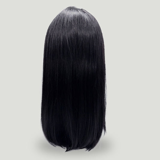 05- Natural Black 16-Inch Virgin Human Hair Long Straight Wig with Bangs – Premium Quality