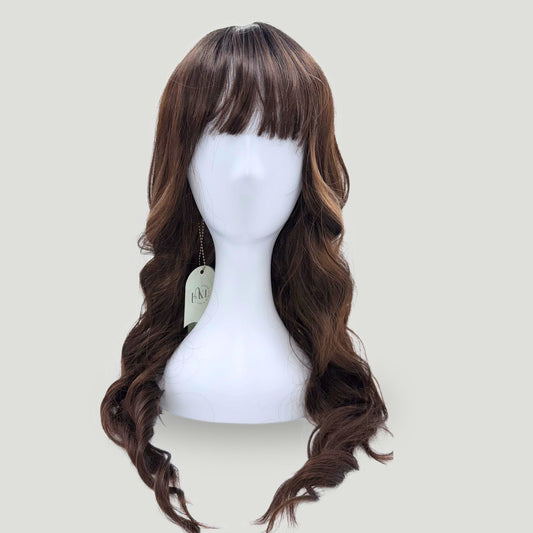 01- Long Wavy Synthetic Brown Wig with Bangs – Chocolate Brown with Subtle Highlights