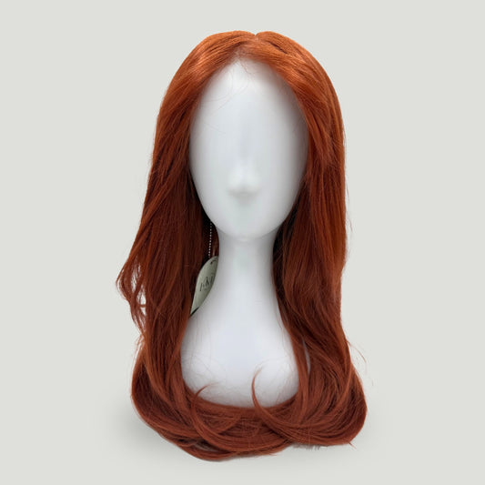 06- Synthetic Copper Red Lace Front Wig with Bangs, Layered Hair, 24 Inches