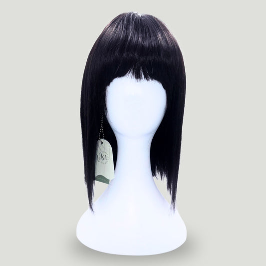 01- Human Hair Wig – Straight Black with Bangs, Medium Length